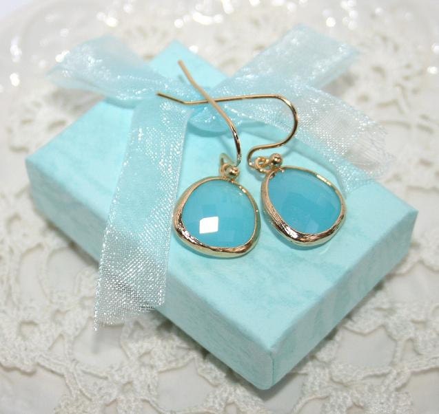 Something Blue Earrings, Tiffany Drop Earrings, Mint Blue Ice Aqua Chalcedony faceted Glass drop and gold Earrings, Everyday, Gorgeous