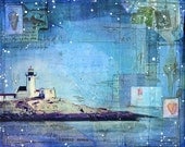 10" x 8" paper print - Bright Night - paper print of lighthouse mixed media collage painting on paper