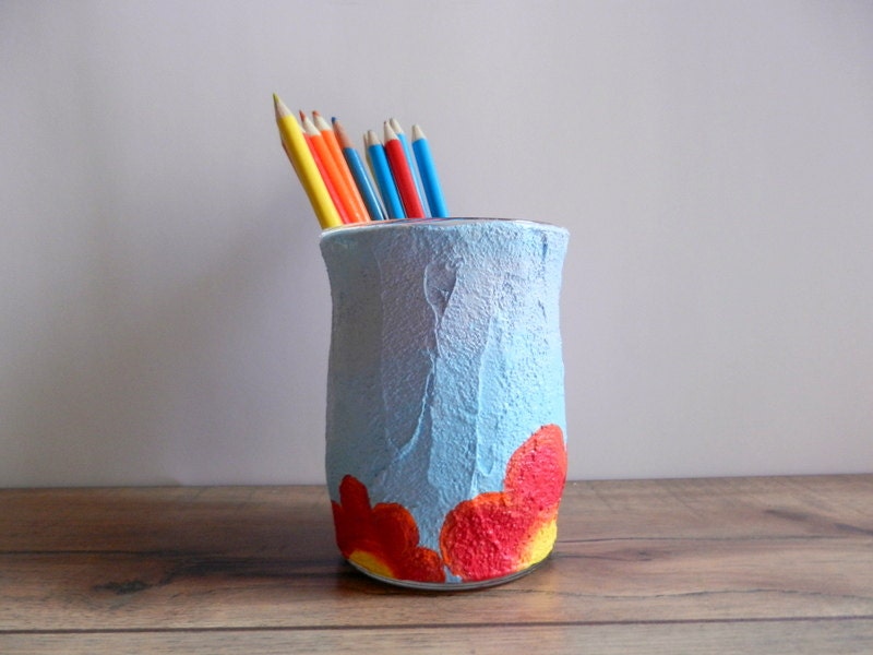 Pencil Holder / pen cup / blue pencil holder / flower Office Decor / bloom