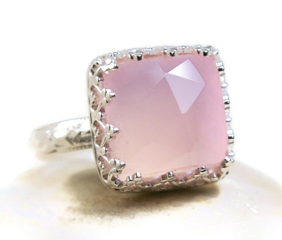 Chalcedony Ring Sterling Silver Natural Pink Stone Rose Cut Hanmade-made to order in your size