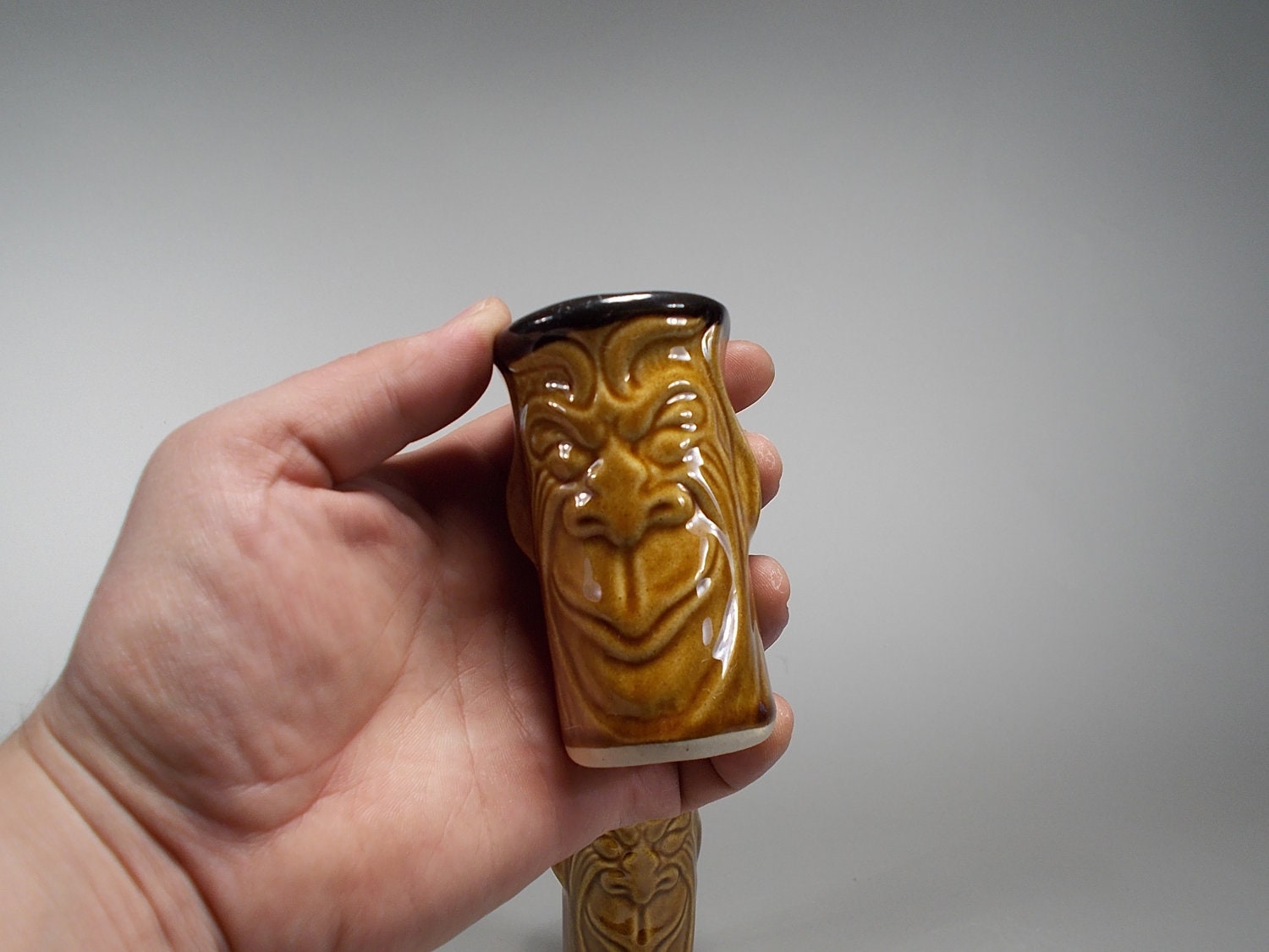Smirk the Gargoyle -Pair of Shot glasses - in Turkish Amber Glaze - Handmade Stoneware by Chischilly Pottery