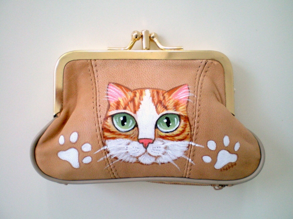 Leather Purse,  Kitty Cat Camel Mini Purse -  hand paint coin purse wallet,  unique gift for pet lovers