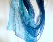 Blue Silk Scarf, Hand Painted Silk Scarf, Ice Blue Dark Blue, Cool Fire Flames, Art Deco Inspired, 71" Silk Chiffon Scarf CUSTOM ORDER,