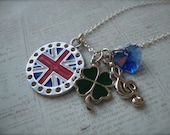 ONE DIRECTION INFECTION - 1D Charm Necklace with Union Jack, Clover, Music Note and Swarovski Crystal Heart on 925 Sterling Silver Chain