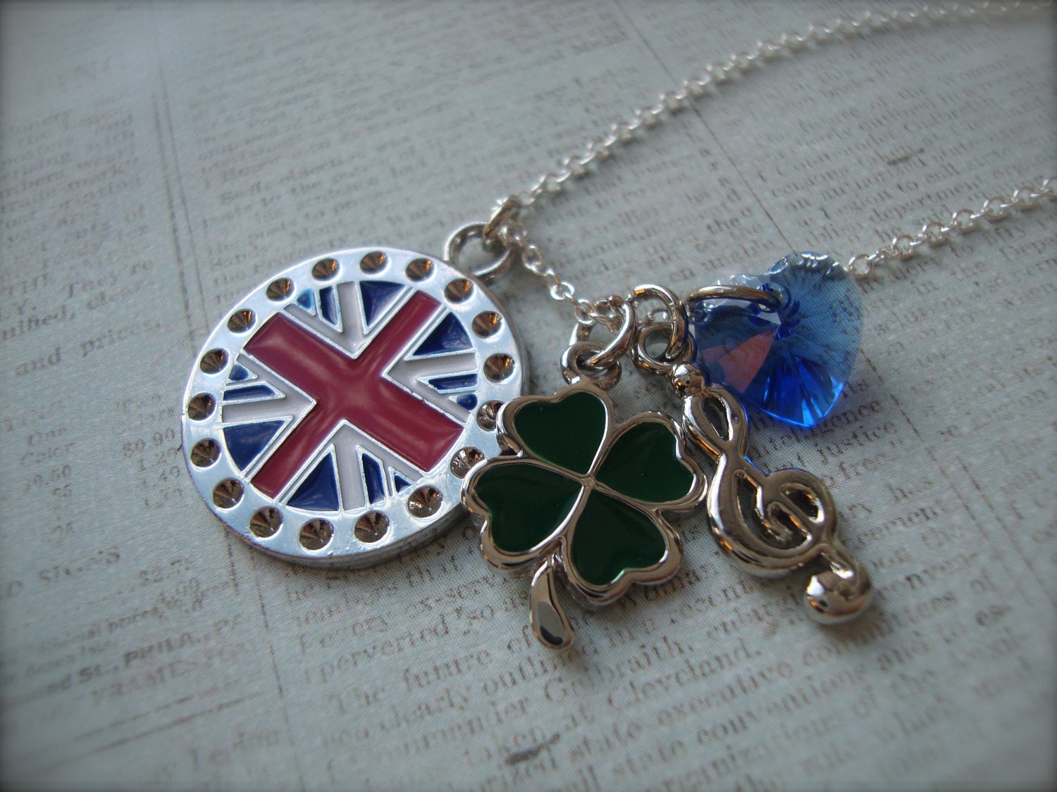 ONE DIRECTION INFECTION - 1D Charm Necklace with Union Jack, Clover, Music Note and Swarovski Crystal Heart on 925 Sterling Silver Chain