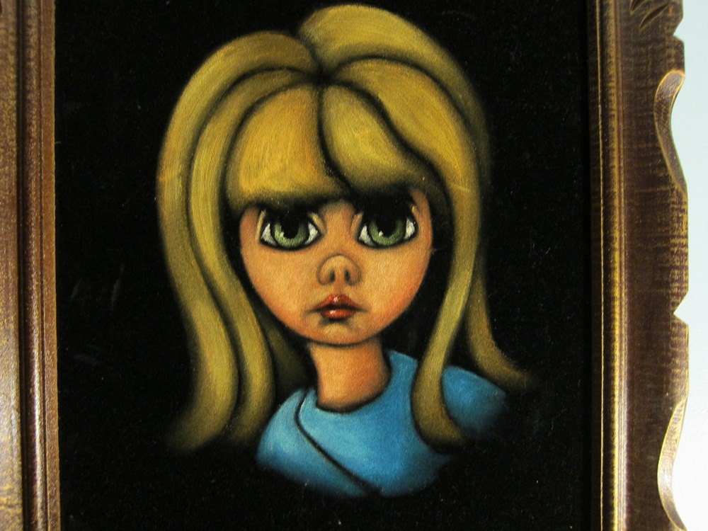 vintage Black Velvet Big Eyed Girl, blonde and blue-eyed, original painting