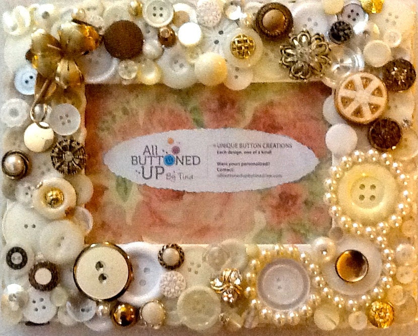 White & Gold Button Picture Frame with Pearls for 4"x6" photo