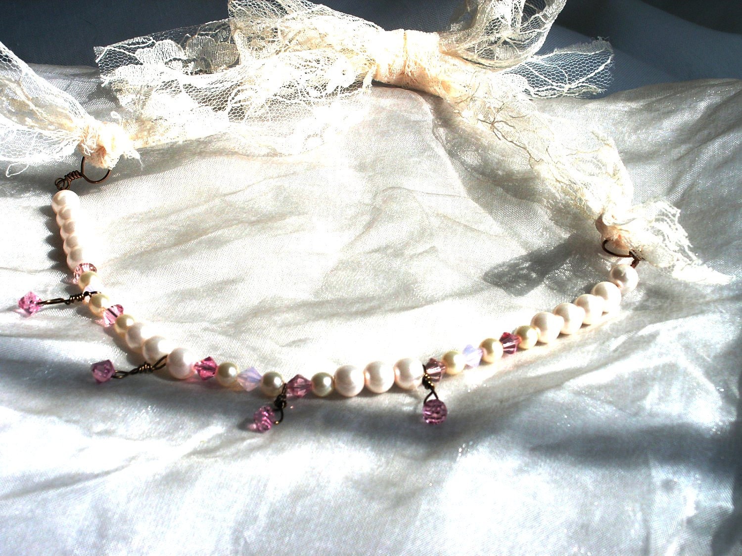 Pearls and Crystals Necklace Shades of Pink with 2 versatile Shabby Chic Ribbon ties