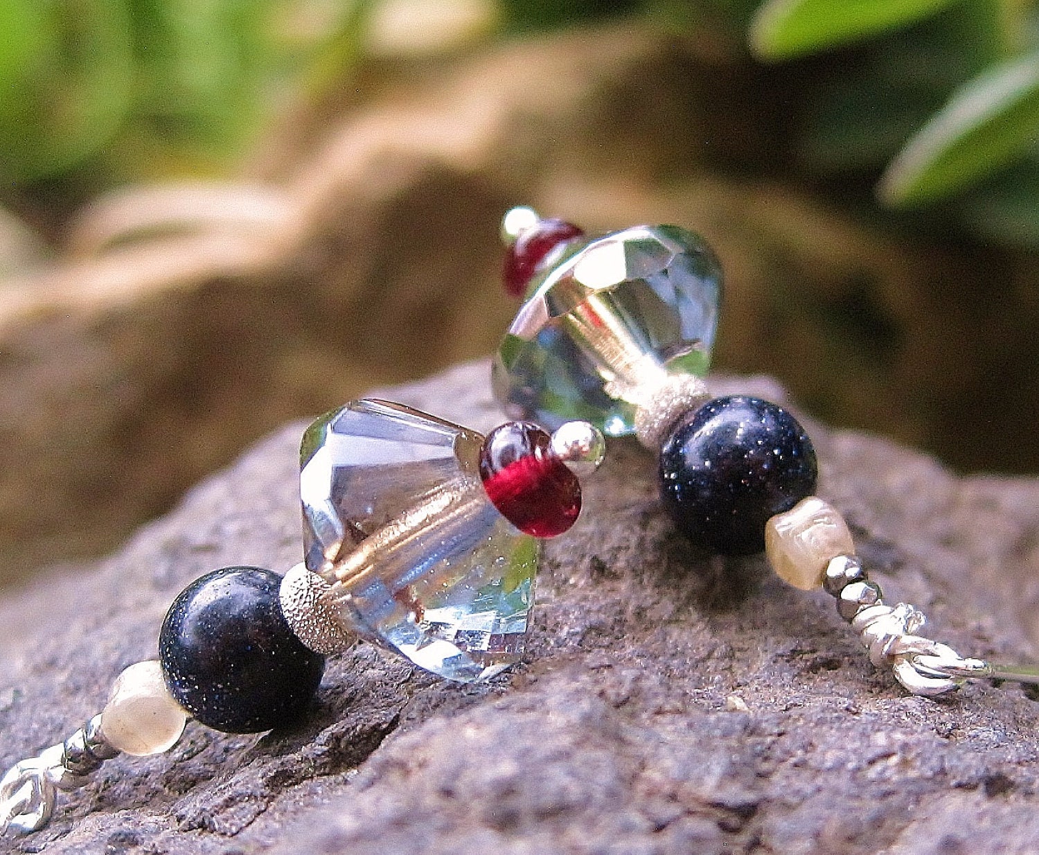 Celsian Shimmer Earrings -- Stunning Opaline Crystal, Garnet, Blue Goldstone, Heirloom Shell & Handcrafted Sterling Ear Wires