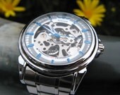 Silver and Blue Men's Classic Mechanical Wrist Watch in Stainless Steel - Automatic Watch - Steampunk Era - Groomsmen - Watch - Item MWA1074