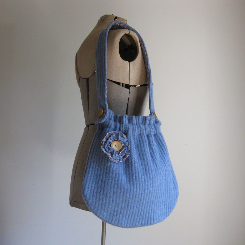 SWEATER PURSE - recycled purse - blue purse - wool purse - BONUS removable flower pin