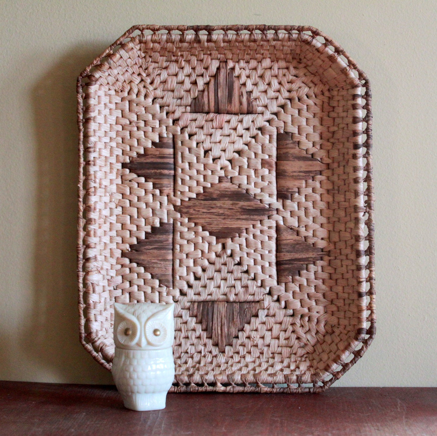 Vintage Rattan Wicker Tray - Triangle Pattern