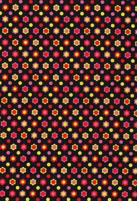 Lecien Fabric Pretty Little Posies Retro Mod Daisy Flowers Pink and Lime Green on Black