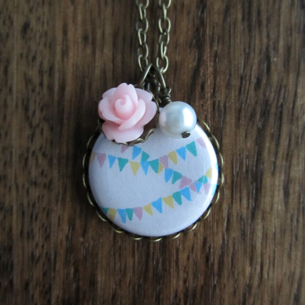 Bunting Necklace - flatback button pendant with rose and pearl - 18 or 24 inch chain length