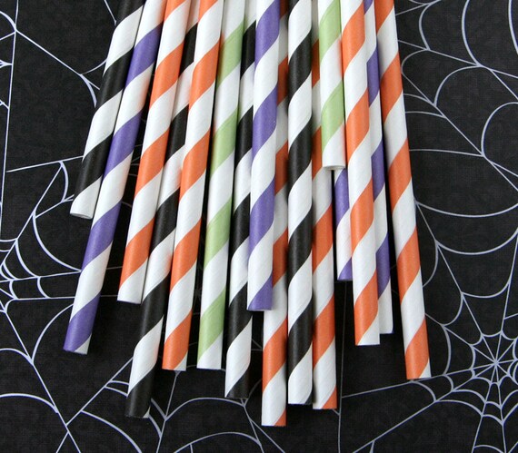 Halloween Mix Striped Paper Straws with DIY Flags - Black, Orange, Green and Purple (24) Il_570xn
