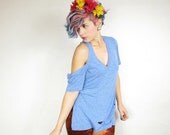 Deconstructed Heather Blue Off the Shoulder Jersey Tshirt (XS/S)