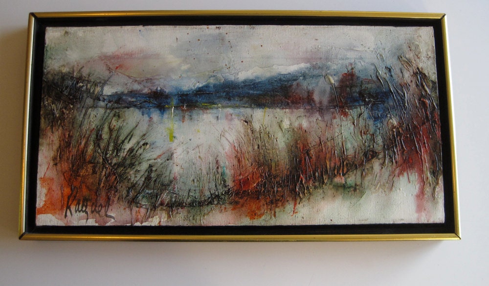 Vintage 70s Abstract Landscape with Lake Oil Painting  by Raquel