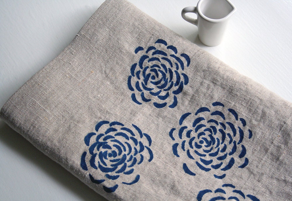 Linen Table Runner. Navy Blue Chrysanthemum. Hand screen printed.
