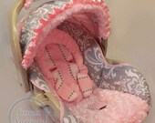 Custom Boutique Grey Damask Stripe with light Pink Minky Infant Car Seat Cover 5 Piece set