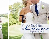 Custom Sign. Here Comes the Bride with Mr. and Mrs.Your Name with the Wedding Date on back side. 8 X 24 inches, Crisp Paint, 2-sided.