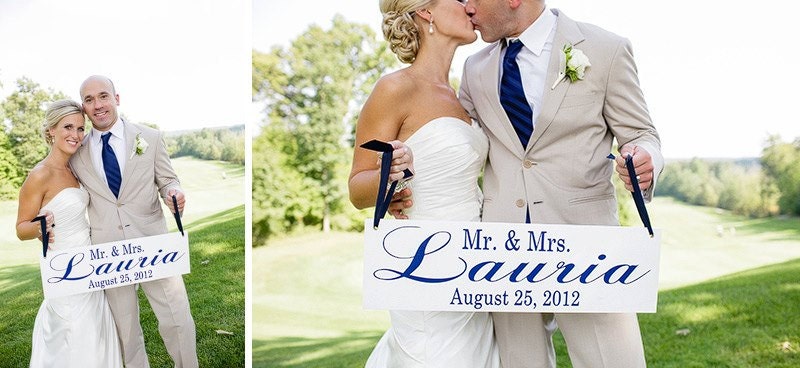 Custom Sign. Here Comes the Bride with Mr. and Mrs.Your Name with the Wedding Date on back side. 8 X 24 inches, Crisp Paint, 2-sided.