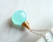 Aqua Blue Chalcedony Necklace, Wire Wrapped Gold Fill Jewelry, Sterling Silver Chain Necklace, Summer Jewelry