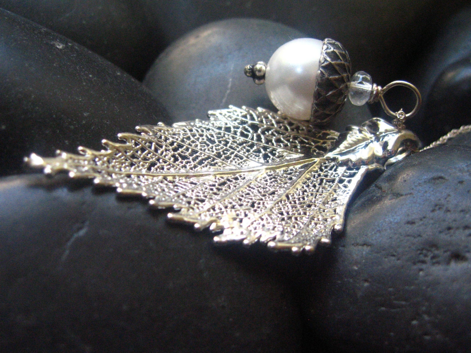 Wedding Jewelry - Real Birch Leaf in fine Silver - Creamy White Swarovski Pearl -16" Stering Silver  Rope Chain Included