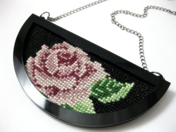 CUSTOM embroidered necklace - statement rose jewelry - laser cut plexiglass