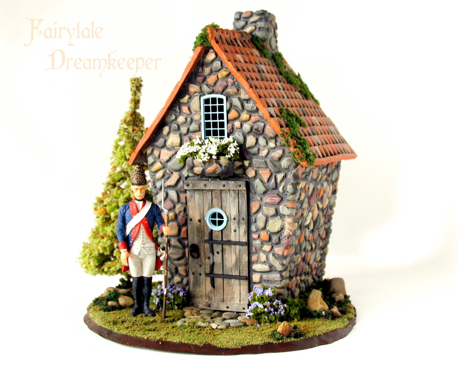 Fairytale Dreamkeeper's Guard House - Handmade 1/24th Scale Stone Cottage with Prussian Era Guard, PineTree and Flowering Bushes