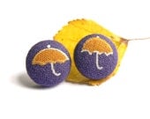 Dark Purple and Yellow Earrings, Umbrella Earrings, Button Studs, Fabric Covered Button Earrings, Small Surgical Stainless Steel Earrings