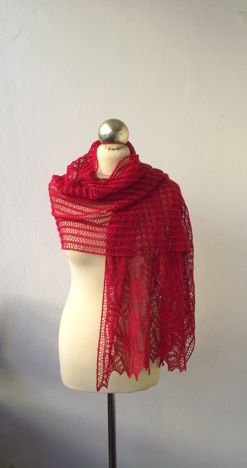 Ruby Red hand knitted luxurious silk wool stole with Frost Flowers lace pattern