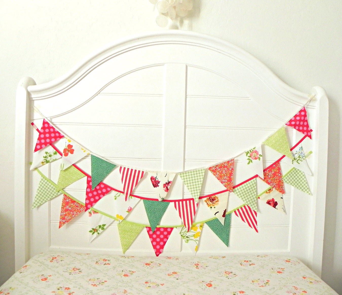 Green Apple And Cherry Vintage Christmas Holiday Fabric Bunting, Garland, Banner, Pennant Decoration 9 Feet Handmade By A Fête Beckons