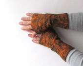 Felted cuffs fingerless  Mittens -  orange green  gift under 50