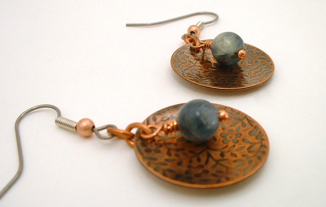 Copper Textured Disc Earrings with Kyanite Blue Green Bead