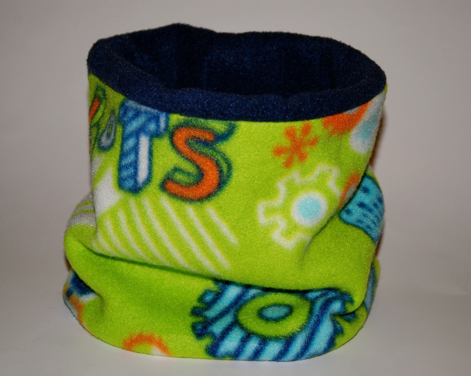 Fleece Kids Neck Warmer / Gaiter / Cowl Scarf / Ski Mask - Robots Green Blue