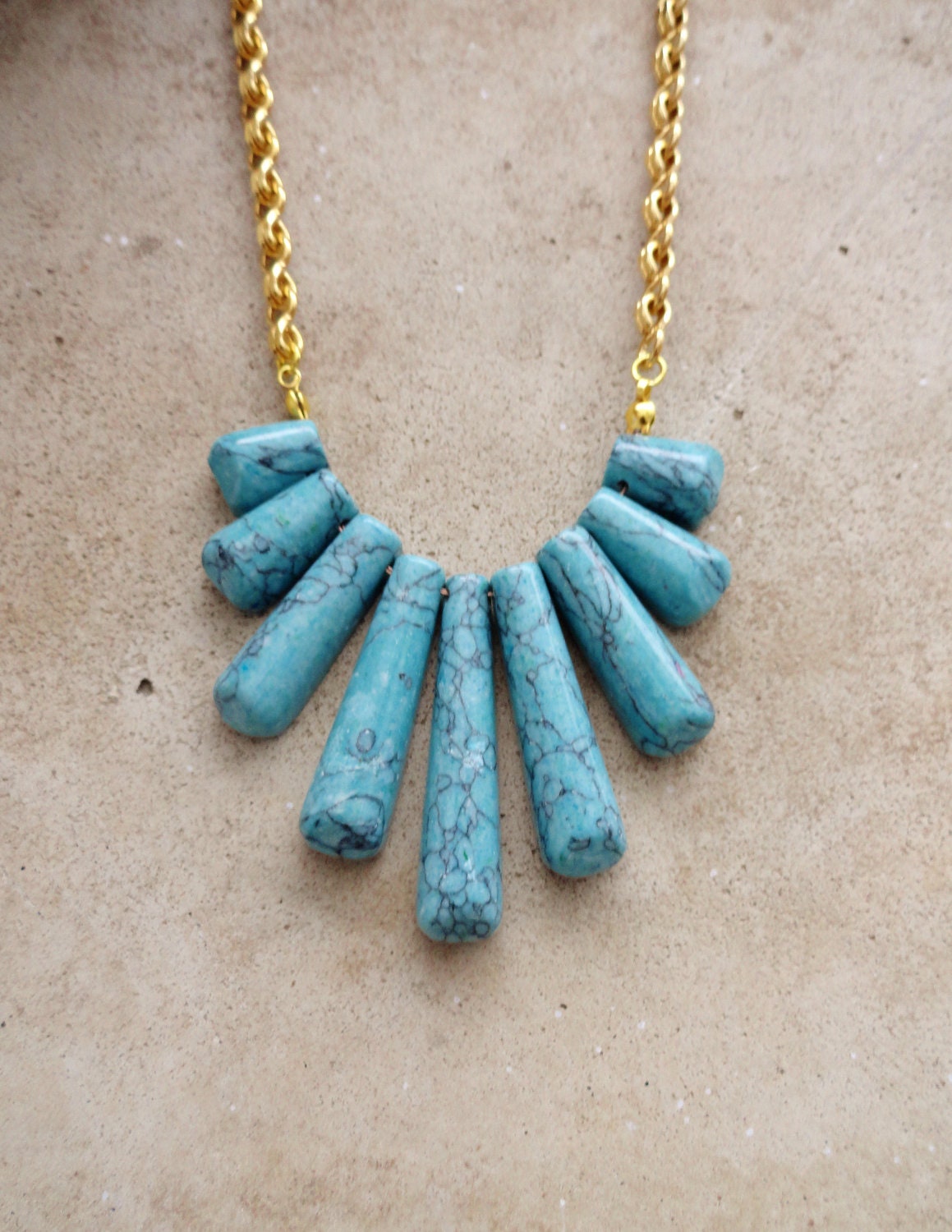 30% OFF COUPON SALE - Dusty Turquoise Howlight Bib Necklace With Vintage Gold Chain