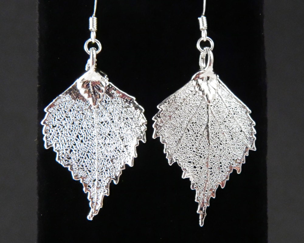 Silver Dipped Leaf Dangle Earrings with Real Birch Leaves