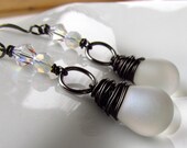 Frosted Clear Czech Glass Earrings, Sparkly Dangle Teardrop Earrings, Gunmetal