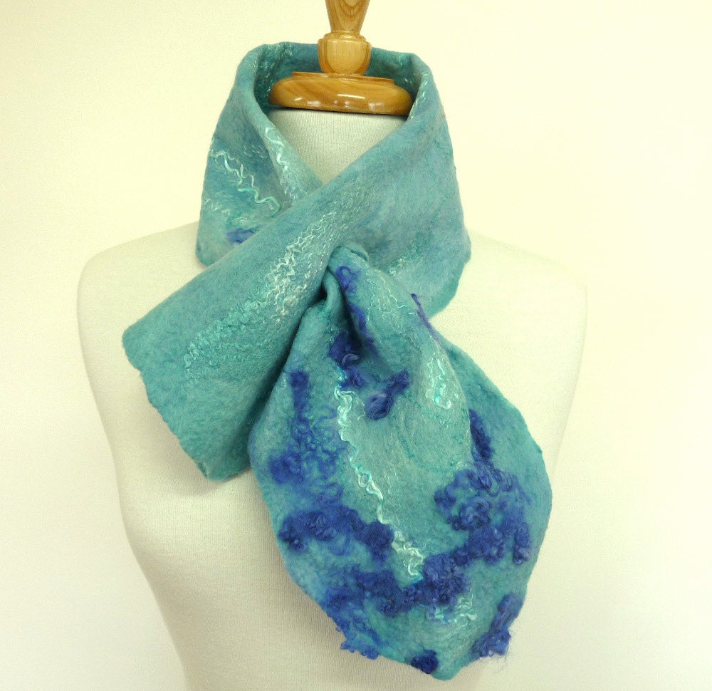 Pure Wool Felted Fashion Scarf. Blue Felt Neck Winter Warmer.