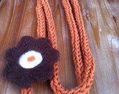 Orange Knitted Scarf necklace With Brown Wool Felted Flower