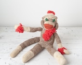 1950's Handmade Sock Monkey - Red Heel - Vintage Toy - Named Buster - Eats Bananas