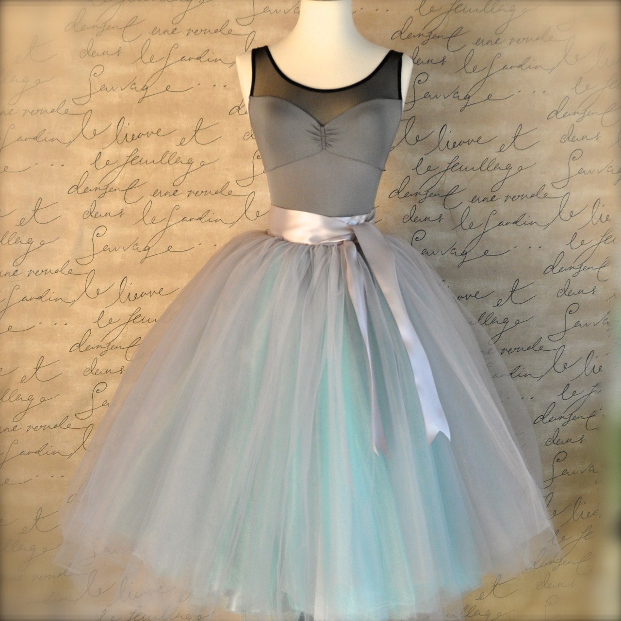 Dove gray and light blue shimmer  tutu skirt for women.  Ballet glamour. Retro look tulle skirt.