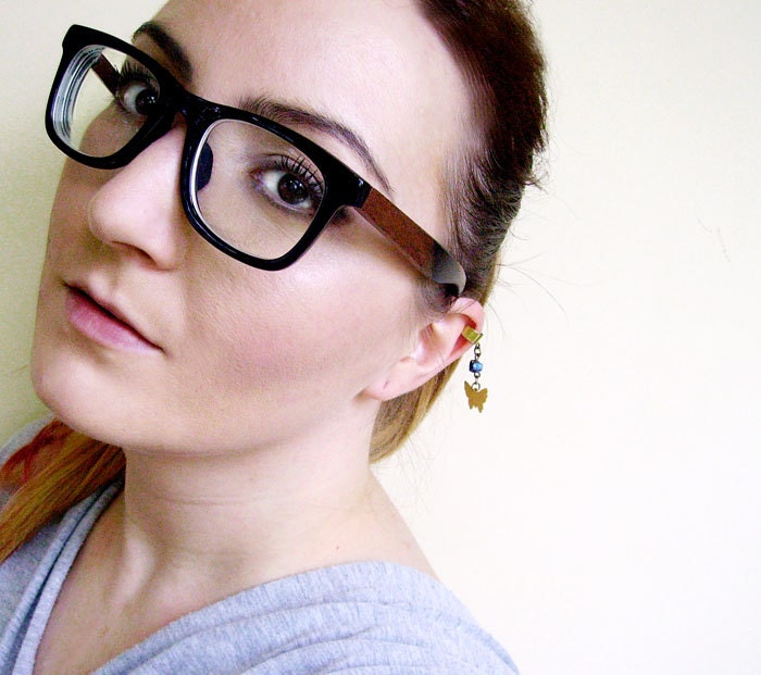 Butterfly Ear Cuff Earring, Blue Quartz Earcuff Earring, Double Chain earcuff, Boho Earcuff Earring