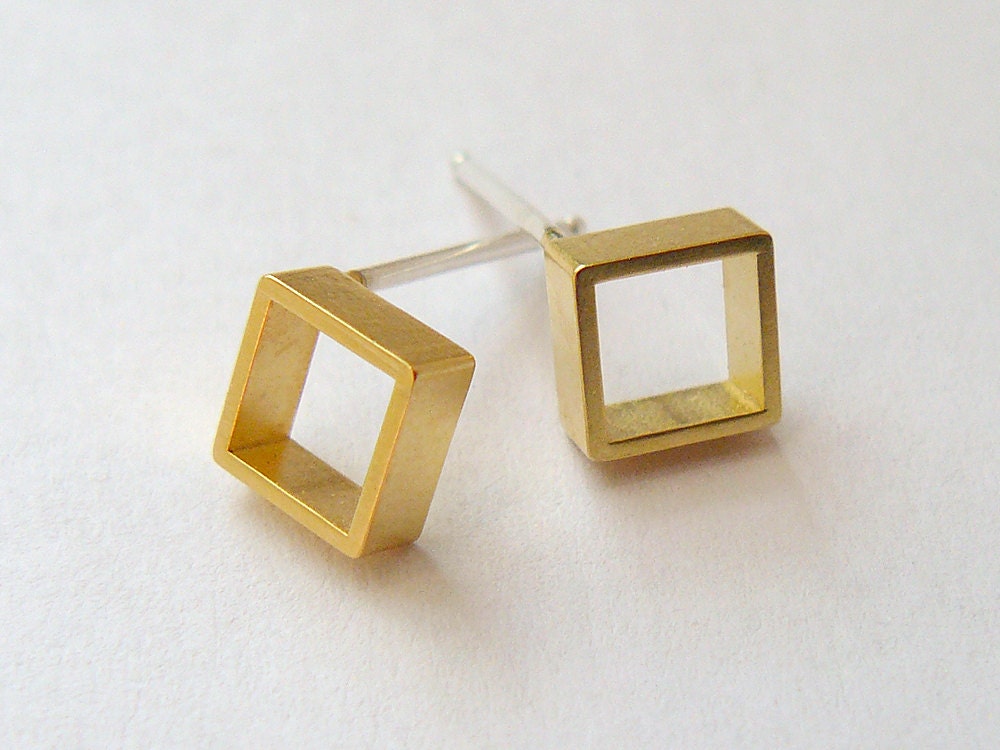 Gold Stud Earrings - Tiny Simple Square Geometric Studs - Sterling Silver Posts