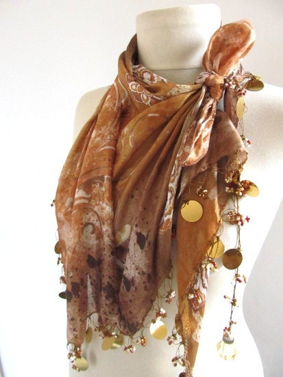 Tringle Golden -Brown Silk  fabric scarf .,authentic, romantic, elegant, fashion