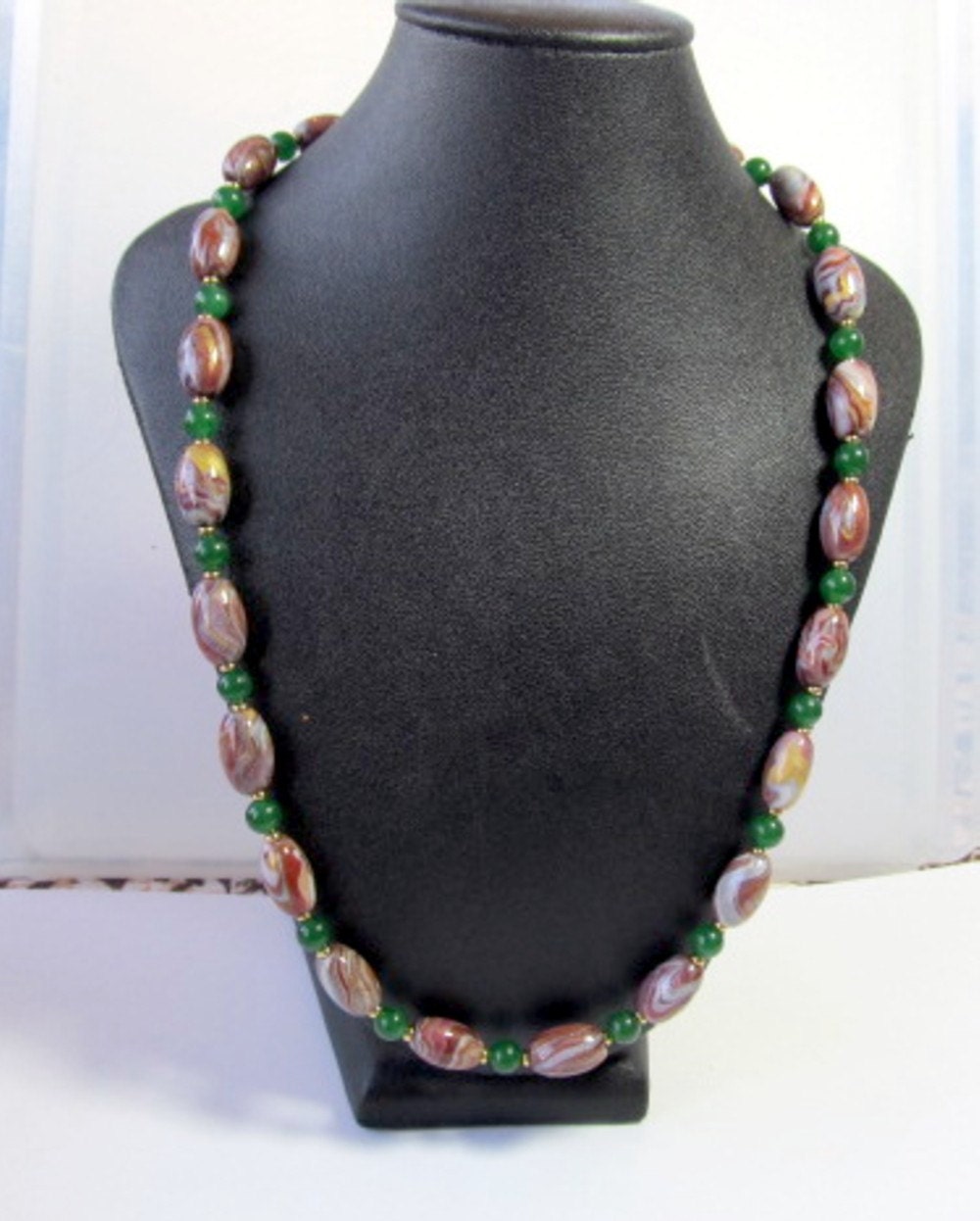 21 inch Necklace - Handmade Polymer Clay Beads - Faux Agate With Aventurine and Gold