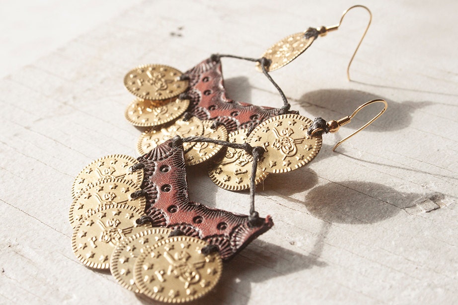 Red Wine Leather Chevron Earrings - Brass coins - hand tooled leather and lightweight bellydance coins - Ready to ship