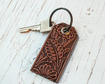 Leather Key Fob - Luggage tag shape - Embossed leather - pick your stain, pattern and key ring