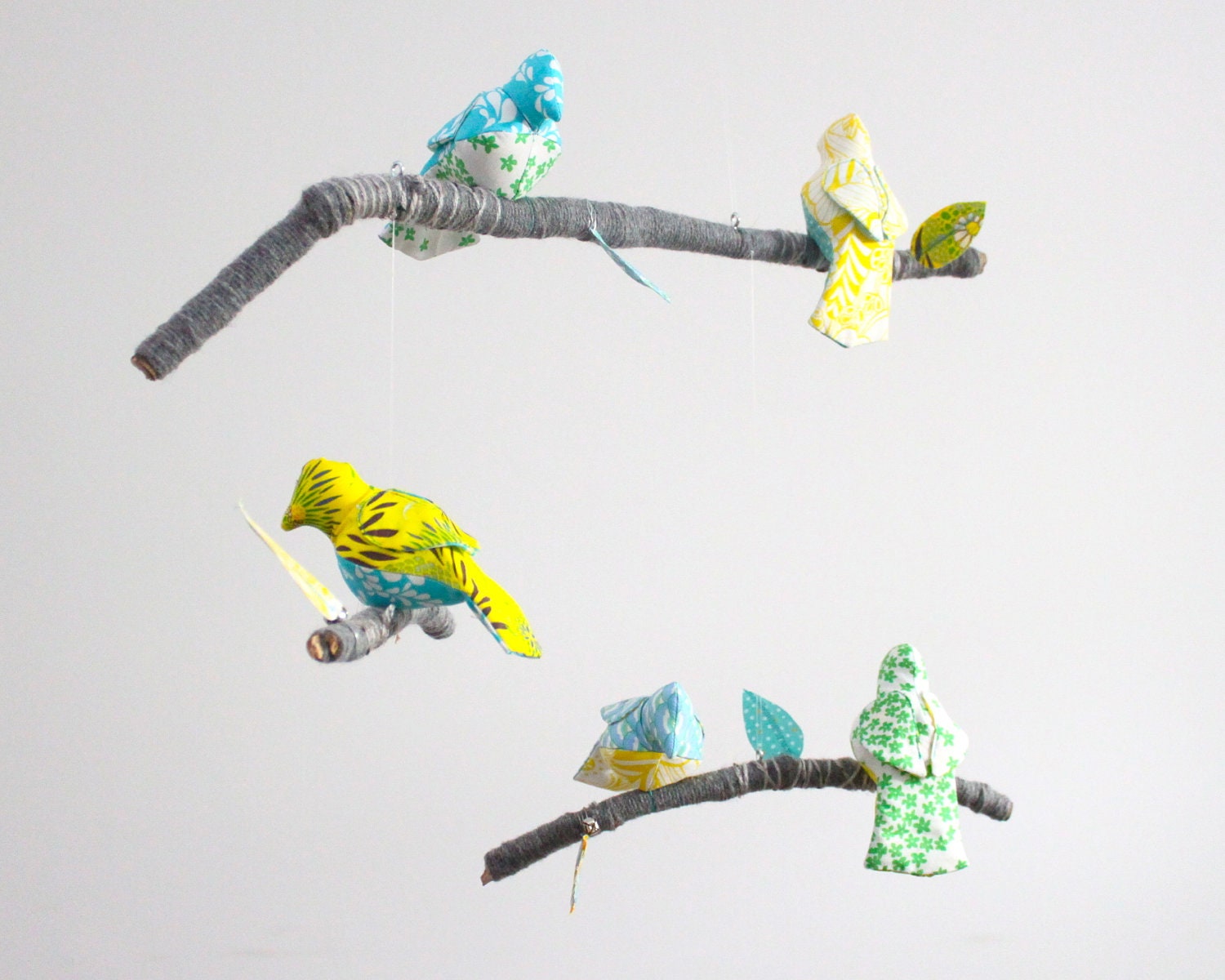 Baby Bird Mobile for Modern Nursery Decor - fabric sculpture on yarn wrapped branches in tuquoise, yellow, emerald green, gray, and white
