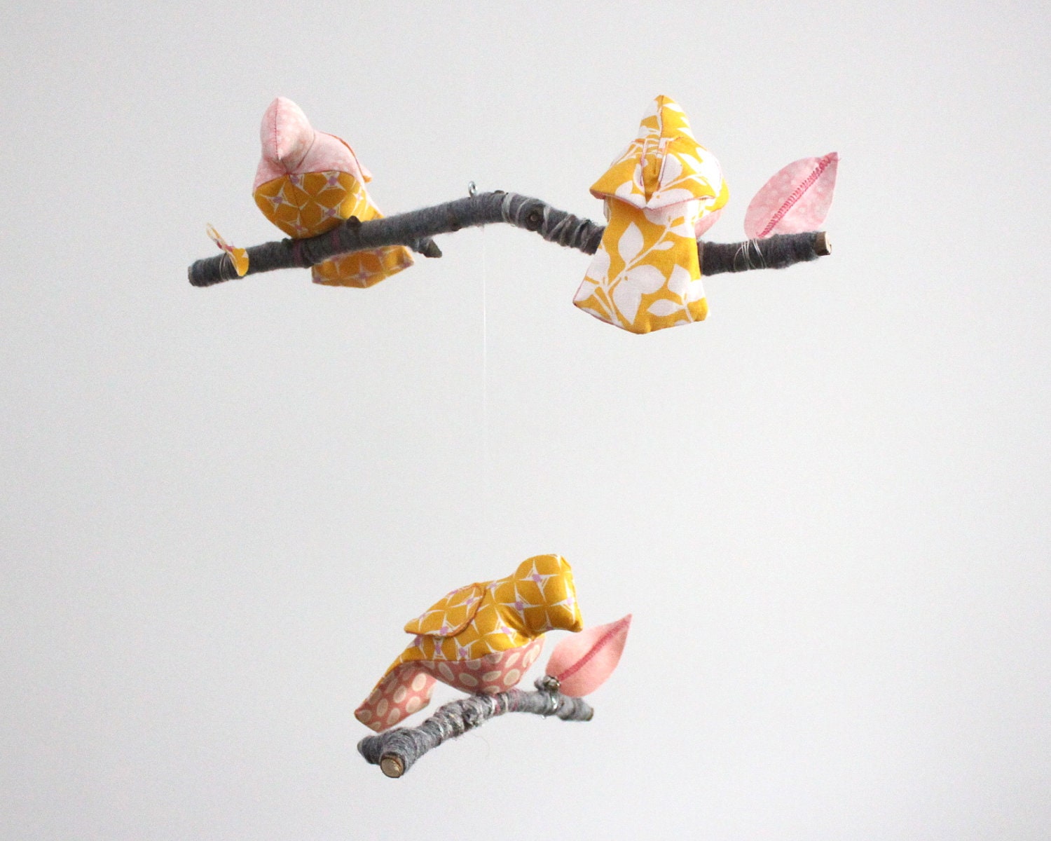 Bright Bird Mobile for Baby Girl Nursery Decoration -  sculpture on gray yarn wrapped branches in saffron yellow, pink, peach and white